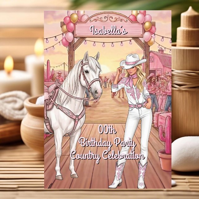 Cowgirl Horse Pink White Ranch Birthday Party Invitation (Creator Uploaded)