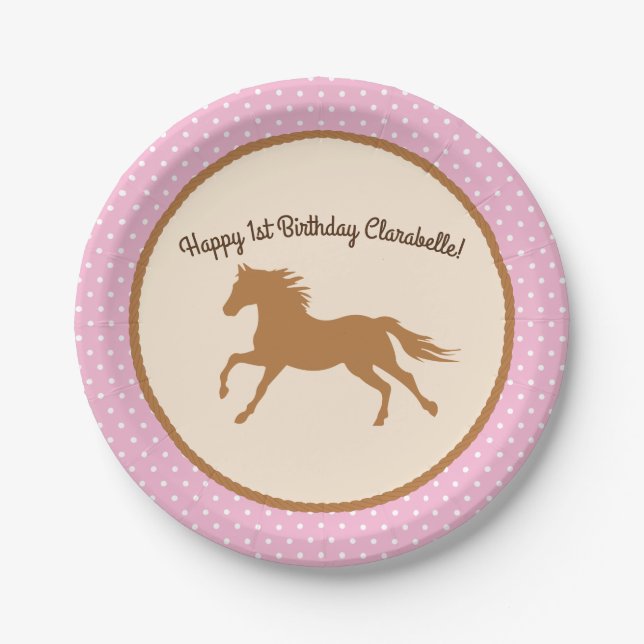 Cowgirl Horse Pony Cute 1st Birthday Party Theme Paper Plate (Front)