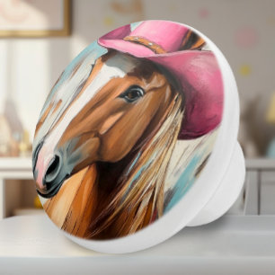Cowgirl Horse with Pink Hat Ceramic Knob