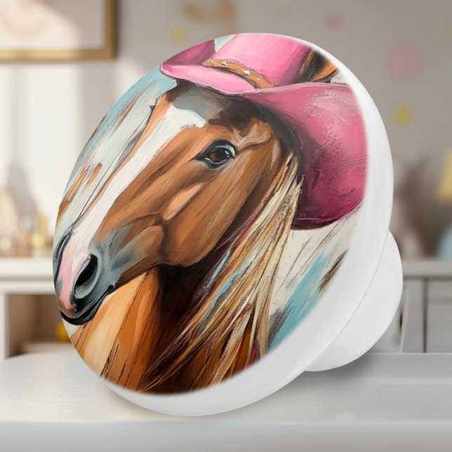 Cowgirl Horse with Pink Hat Ceramic Knob (Ceramic Knob - Artsy Western Horse in a Pink Cowgirl Hat - Accent for Girls Room)