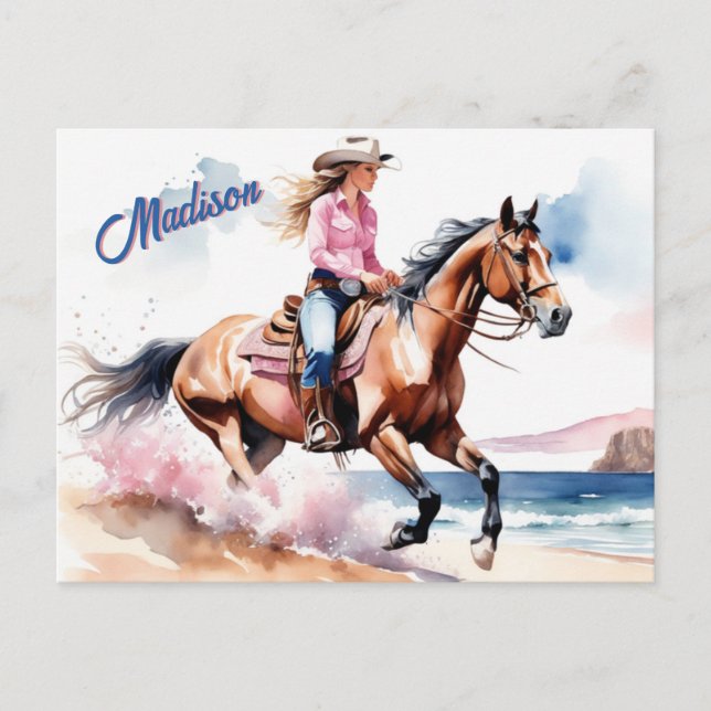 Cowgirl Horseback Riding on Beach by Ocean Custom Postcard (Front)