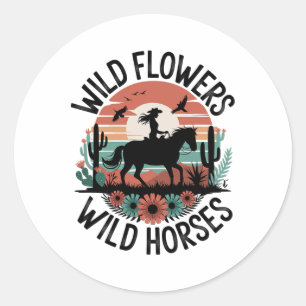 Cowgirl Horseback Riding Wild Flower Women Girls H Classic Round Sticker