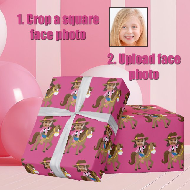 Cowgirl Kids Face Photo Cute Pink Custom Wrapping Paper (Creator Uploaded)