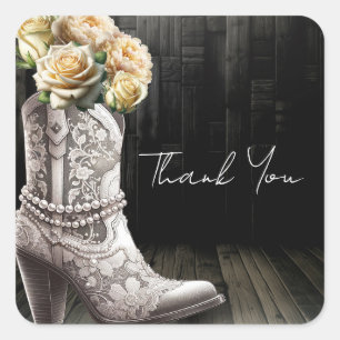 Cowgirl Lace Boots & White Flowers Rustic Bridal Square Sticker