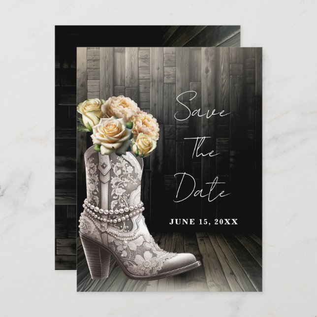 Cowgirl Lace Boots & White Flowers Save the Date  Announcement Postcard (Front/Back)