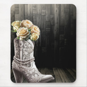 Cowgirl Lace & Pearls Boots White Flowers Rustic  Mouse Pad