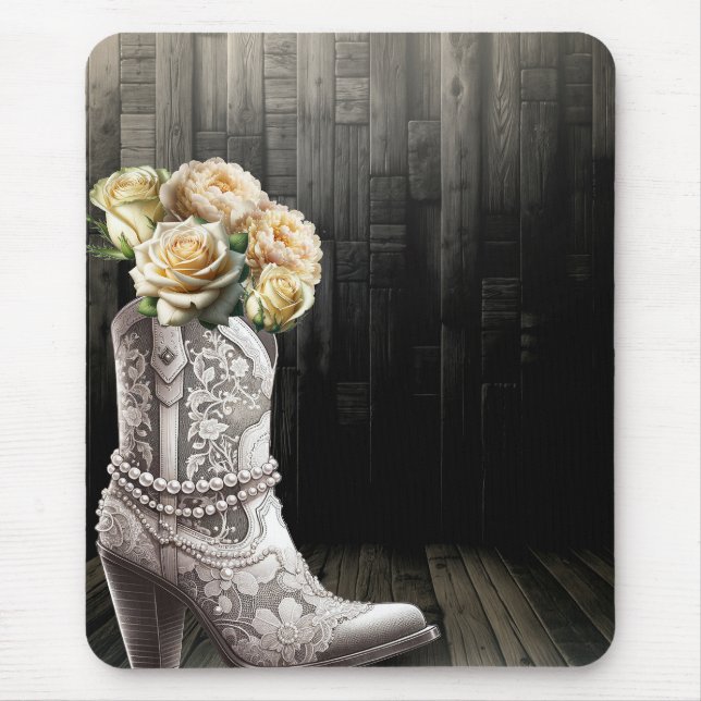 Cowgirl Lace & Pearls Boots White Flowers Rustic  Mouse Pad (Front)