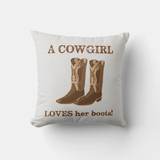 Cowgirl Loves Her Boots Words Brown Western Cushion (Front)