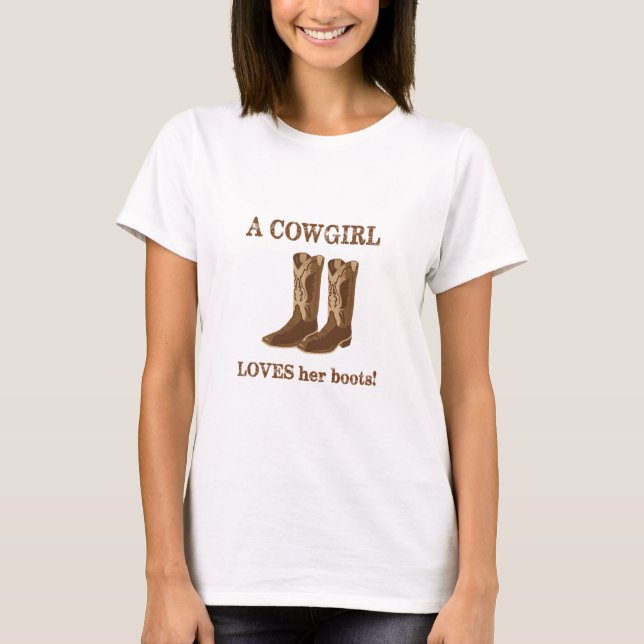 Cowgirl Loves Her Boots Words Brown Western T-Shirt (Front)