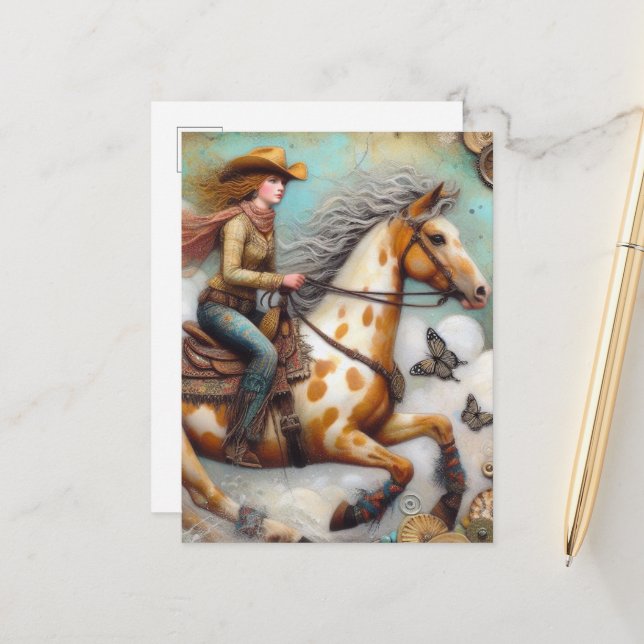 Cowgirl on a Appaloosa Horse Postcard (Front/Back In Situ)