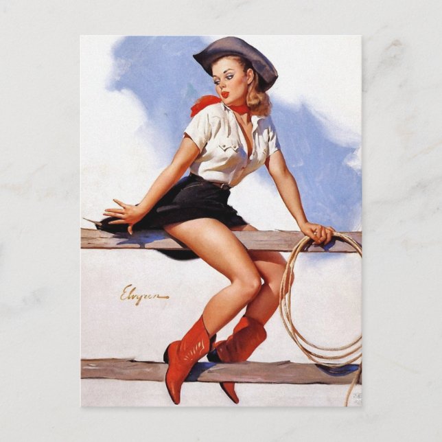 Cowgirl on a Fence Pin-Up Postcard (Front)