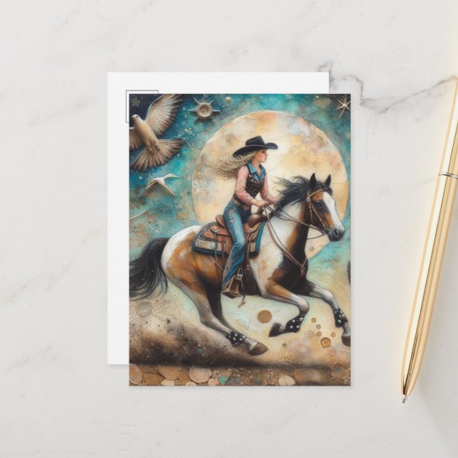 Cowgirl on a Pinto Horse Postcard (Front/Back In Situ)
