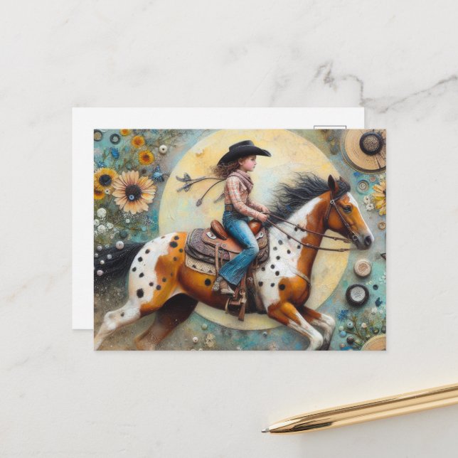 Cowgirl on a Pintoloosa Horse Postcard (Front/Back In Situ)