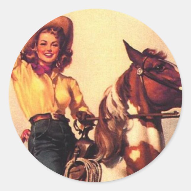 Cowgirl on Her Horse Classic Round Sticker (Front)