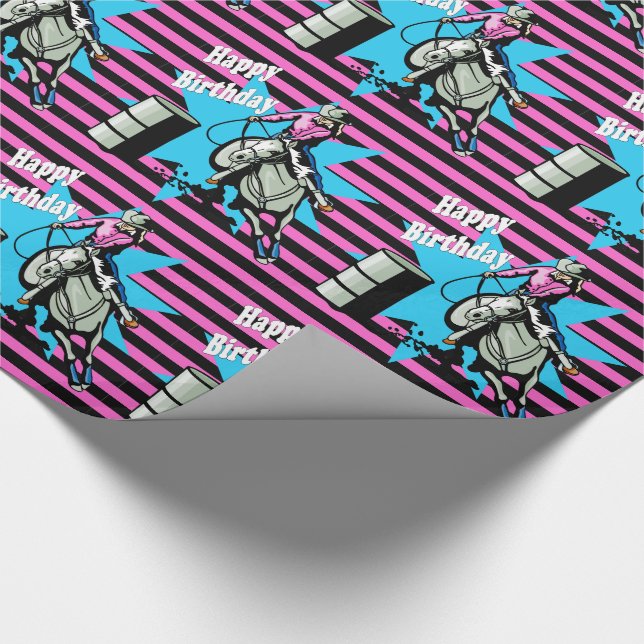 Cowgirl On Horse Barrel Racer Happy Birthday Wrapping Paper (Corner)