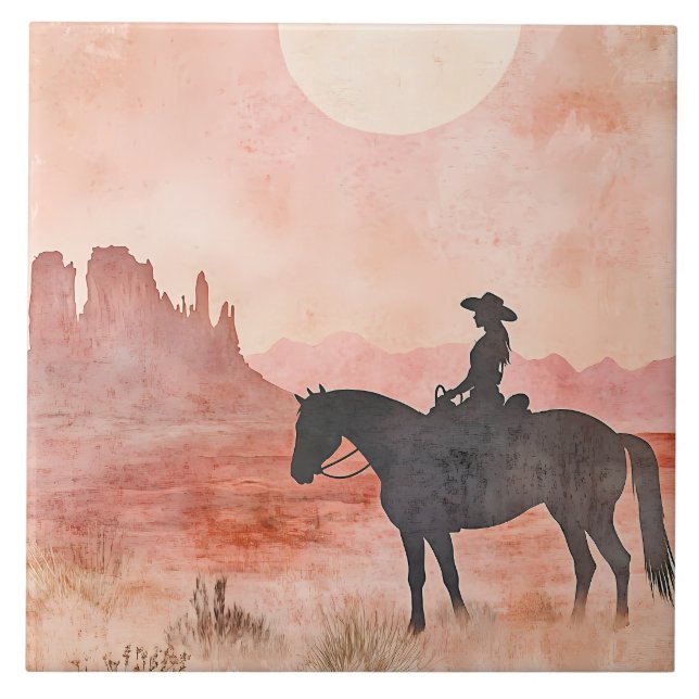 Cowgirl on Horse Southwestern Sunset Scene Ceramic Tile (Front)