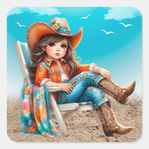 Cowgirl on the Beach Girl Birthday Party Square Sticker