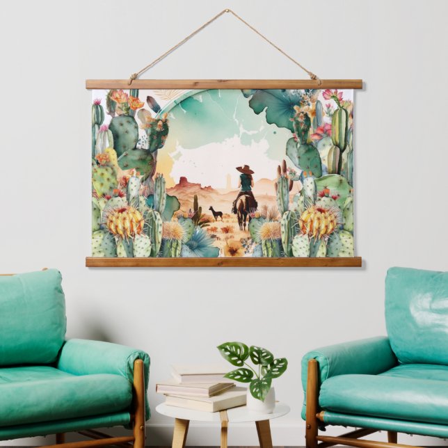 Cowgirl outride watercolor desert cactus decor hanging tapestry (Living Room)