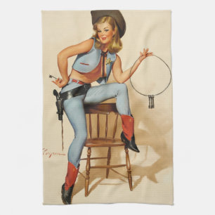 Cowgirl Pin-up Girl Tea Towel