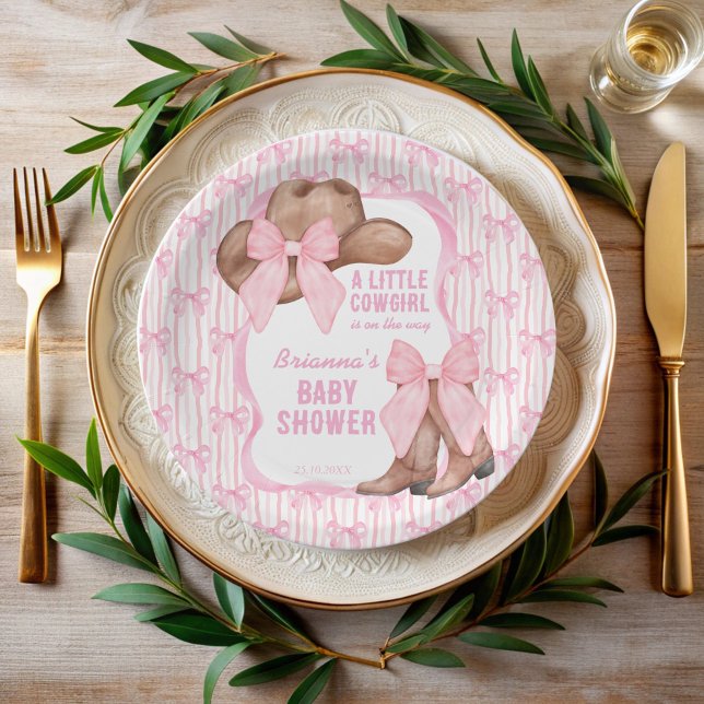 Cowgirl pink bow ribbon girls baby shower paper plate (Cowgirl pink bow ribbon coquette western girls baby shower personalized paper plates cowgirl decor)