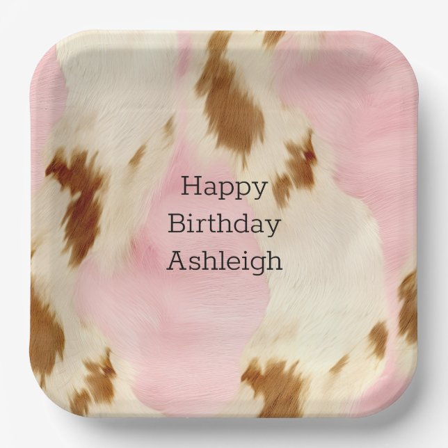 Cowgirl Pink Cream Brown Cowhide Birthday Paper Plate (Front)