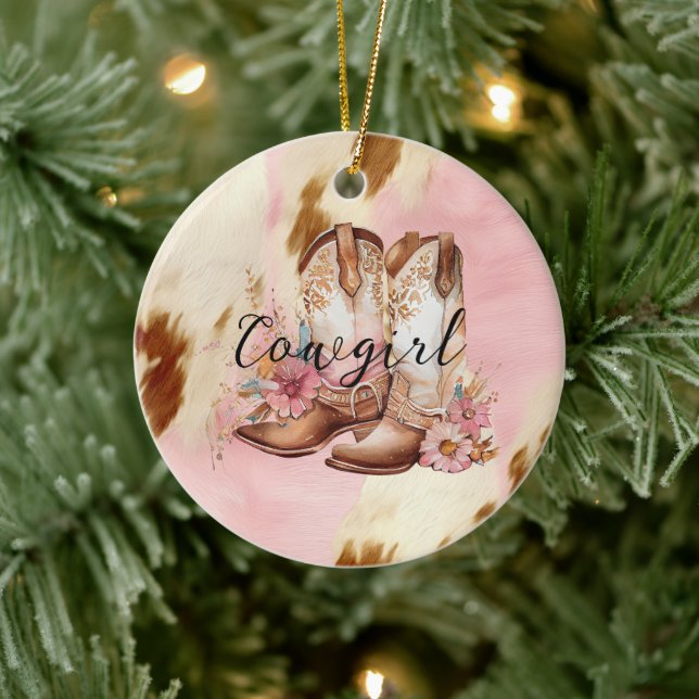 Cowgirl Pink Cream Brown Cowhide Floral Boots Ceramic Ornament (Tree)