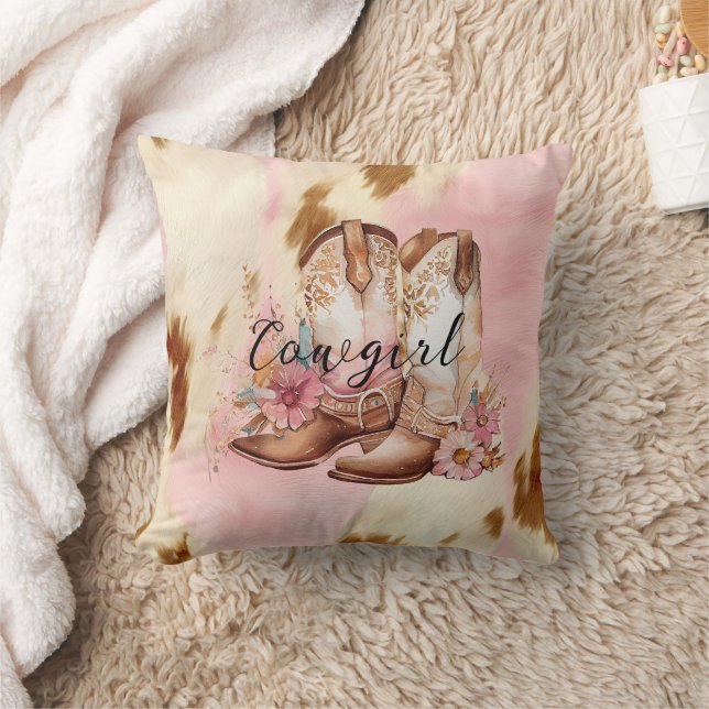 Cowgirl Pink Cream Brown Cowhide Floral Boots Cushion (Blanket)