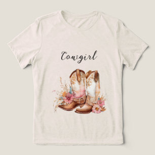 Cowgirl Pink Cream Brown Cowhide Floral Boots Tri-Blend Shirt