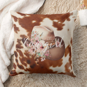 Cowgirl Pink Cream Brown Cowhide Floral Hat Cushion
