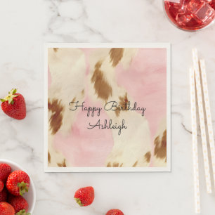 Cowgirl Pink Cream Brown Cowhide Gold Birthday Napkin