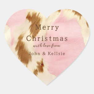 Cowgirl Pink Cream Brown Cowhide Gold Christmas Heart Sticker