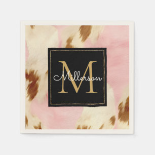 Cowgirl Pink Cream Brown Cowhide Gold Monogram  Napkin