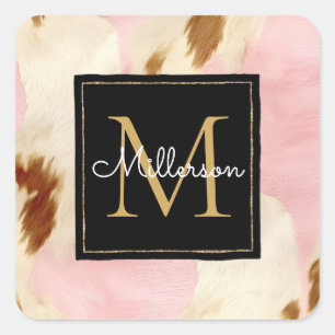 Cowgirl Pink Cream Brown Cowhide Gold Monogram  Square Sticker