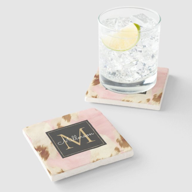 Cowgirl Pink Cream Brown Cowhide Gold Monogram  Stone Coaster (Side)