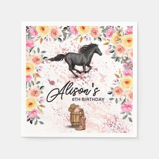 Cowgirl Pink Floral Horse Birthday Girl  Napkin (Front)