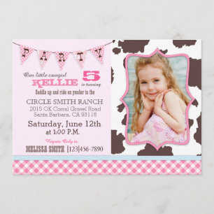 Cowgirl Pink Gingham Check Western Theme Birthday Invitation