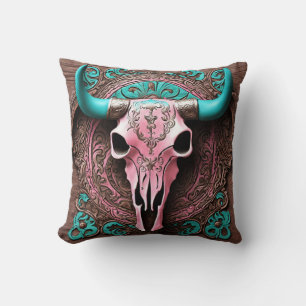 Cowgirl Pink Turquoise Western Country Bull SKull Cushion