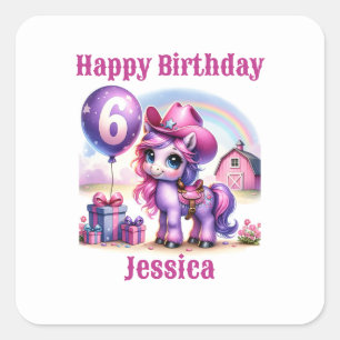 Cowgirl Pony 6-Year-Old Birthday Square Sticker