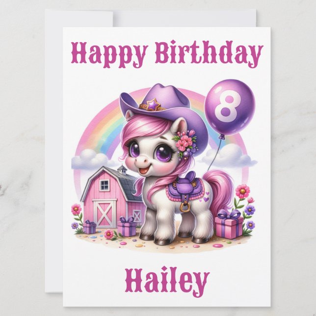 Cowgirl Pony 8-Year-Old Birthday Card (Front)