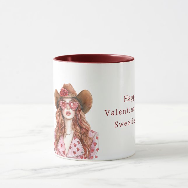 Cowgirl Red Hair Pink Hearts Valentine's Day Mug (Center)