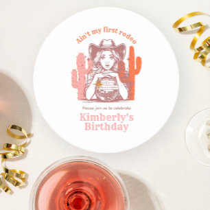 Cowgirl Retro Pink Disco Ball Birthday Party Round Paper Coaster