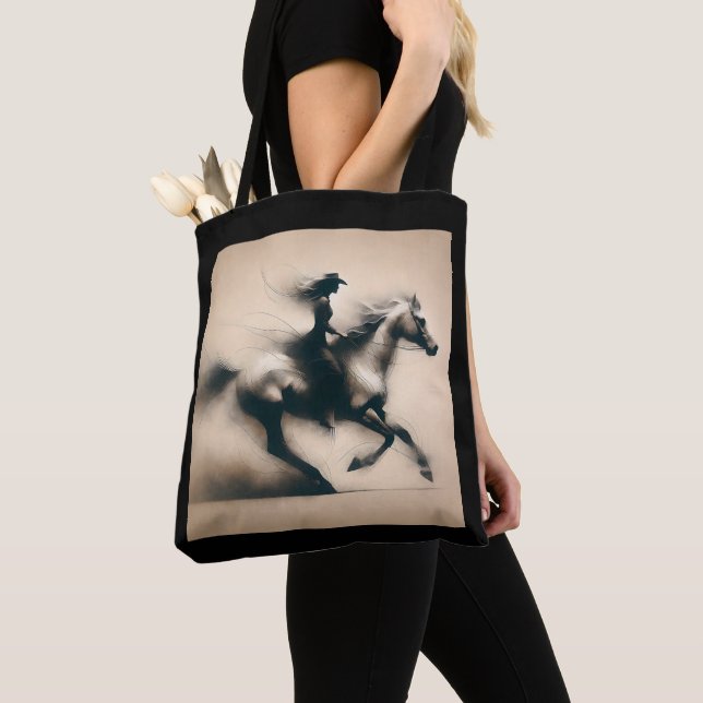 Cowgirl Riding a Horse , Western Cowgirl Tote Bag (Close Up)