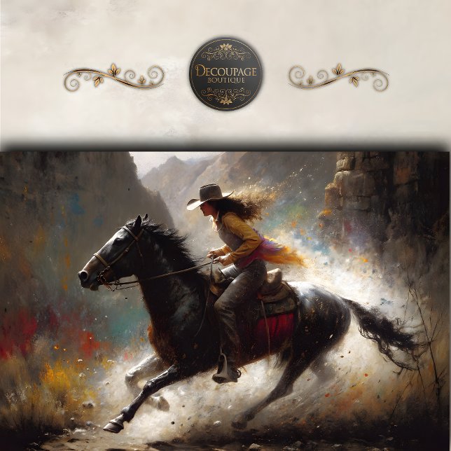 Cowgirl Riding Black Horse Canyon Decoupage  Tissue Paper (Cowgirl Riding Black Horse Canyon Decoupage Tissue Paper)