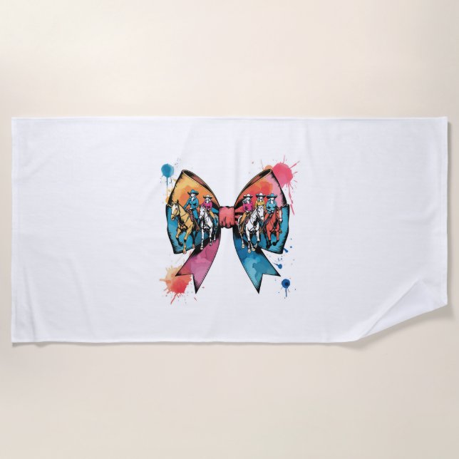 Cowgirl Riding Horse Coquette Bow Beach Towel (Front)