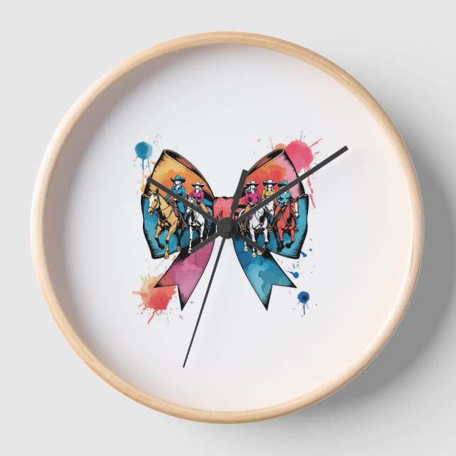 Cowgirl Riding Horse Coquette Bow Clock (Front)