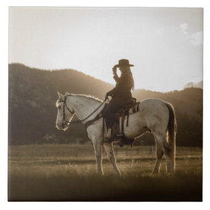 Cowgirl Riding Horse Country Western Ranch Sunset Ceramic Tile
