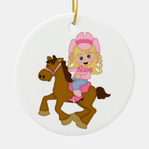 Cowgirl Riding Horse (pink) Ceramic Ornament