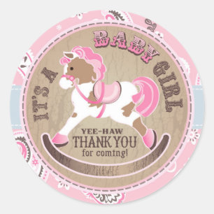 Cowgirl Rocking Horse Western Baby Shower Classic Round Sticker