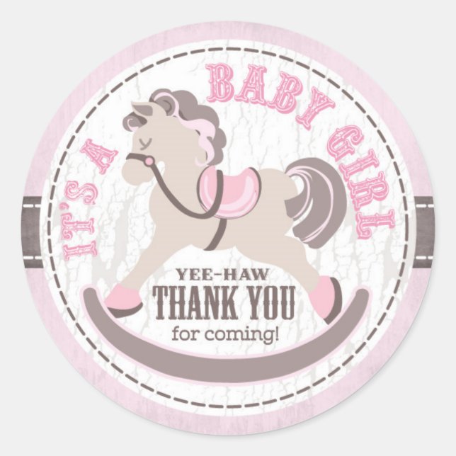 Cowgirl Rocking Horse Western Baby Shower Classic Round Sticker (Front)