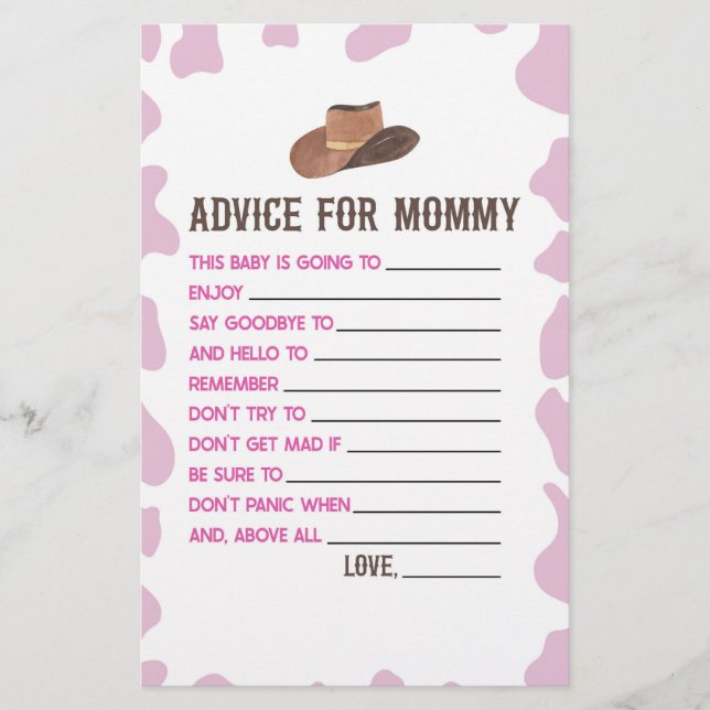 Cowgirl Rodeo Advice Baby Shower Game Activity Stationery (Front)